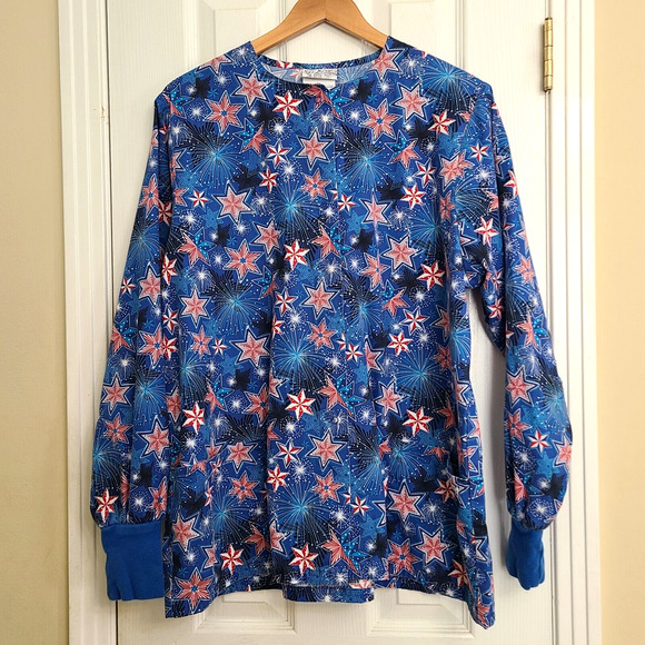 UA Scrubs Tops - UA Scrubs Long Sleeve Snap Up Shirt Top Blue Red Stars Fireworks Size Large